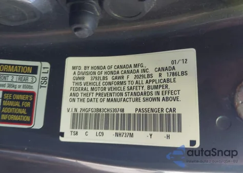 2012 Honda Civic Ex z USA, uszkodzony, nr VIN 2HGFG3B83CH530748